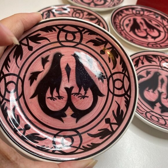 Bonwit Teller Set 5 primitive folk art birds coasters Pink original box Italy - Picture 2 of 14